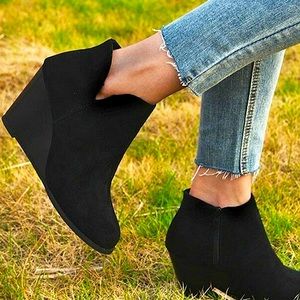 Women Suede Wedges Zipper Solid Color Short Booties Round Toe black booties- 8